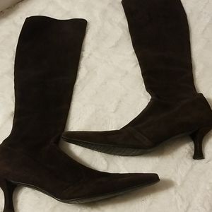 Stuart Weitzman brown suede kitten heel knee high boots